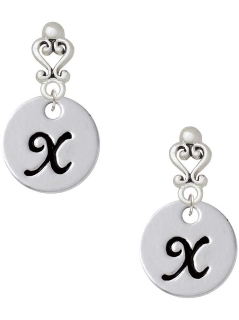 Silver Plated Large Script Letter Disc - X - Filigree Heart Post Earrings