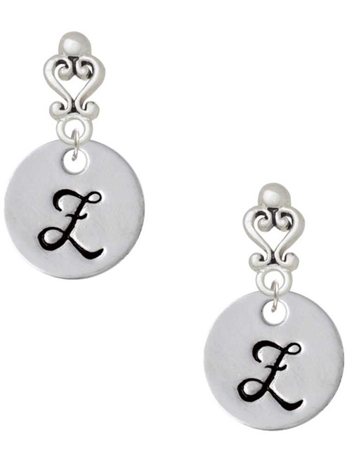 Silver Plated Large Script Letter Disc - Z - Filigree Heart Post Earrings