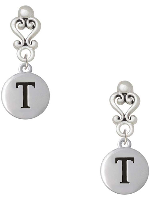 Silver Plated Capital Letter - T - Pebble Disc - Filigree Heart Post Earrings