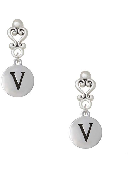 Silver Plated Capital Letter - V - Pebble Disc - Filigree Heart Post Earrings