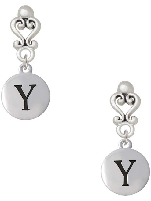 Silver Plated Capital Letter - Y - Pebble Disc - Filigree Heart Post Earrings