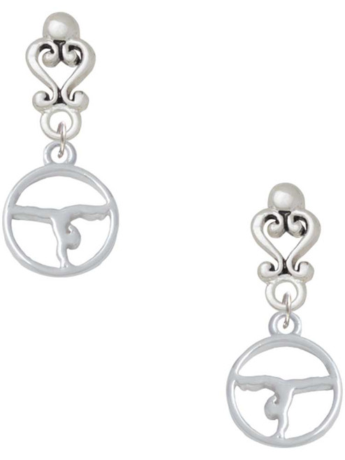 Silver Plated Gymnast Silhouette Disc - Handstand Split - Filigree Heart Post Earrings