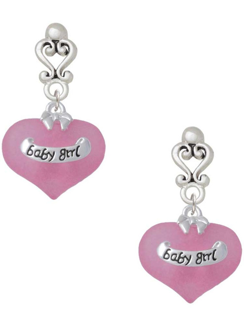 Silver Plated Baby Girl Pink Heart with Baby Feet - Filigree Heart Post Earrings
