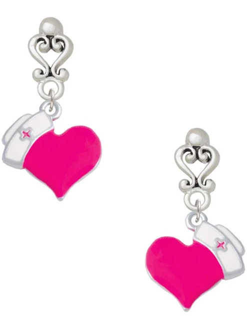Silver Plated Hot Pink Heart with Nurse Hat - Filigree Heart Post Earrings
