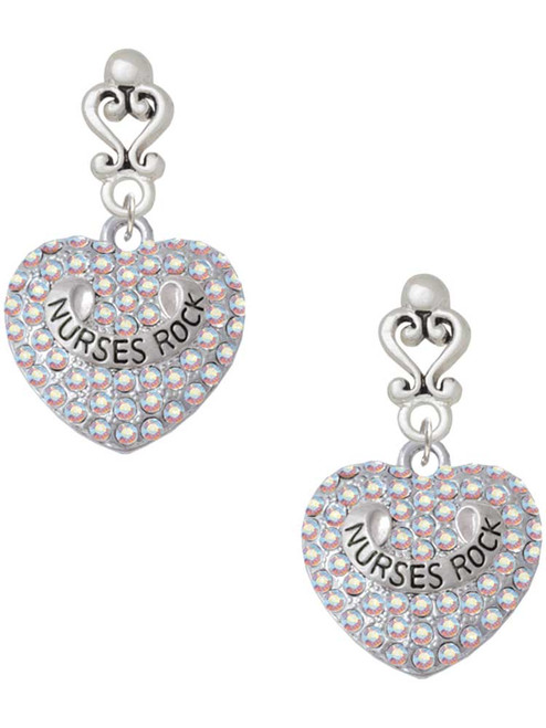 Silver Plated Nurses Rock on AB Crystal Heart - Filigree Heart Post Earrings