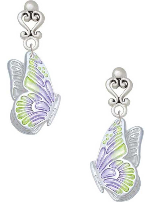 Silver Plated Large Translucent Purple & Lime Green Flying Butterfly - Filigree Heart Post Earrings