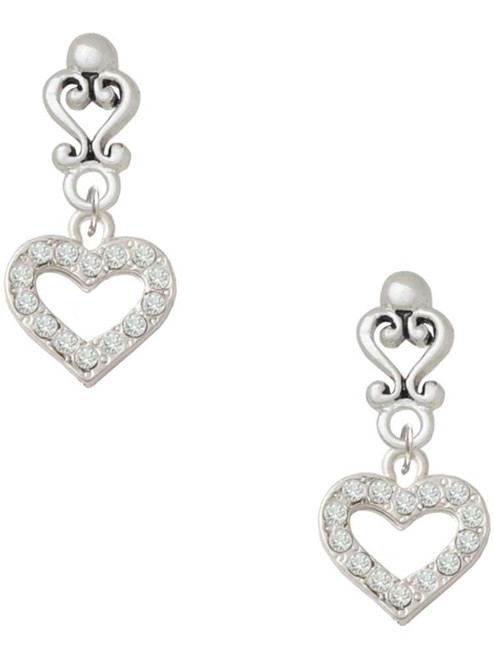 Silver Plated Crystal Open Heart - Filigree Heart Post Earrings