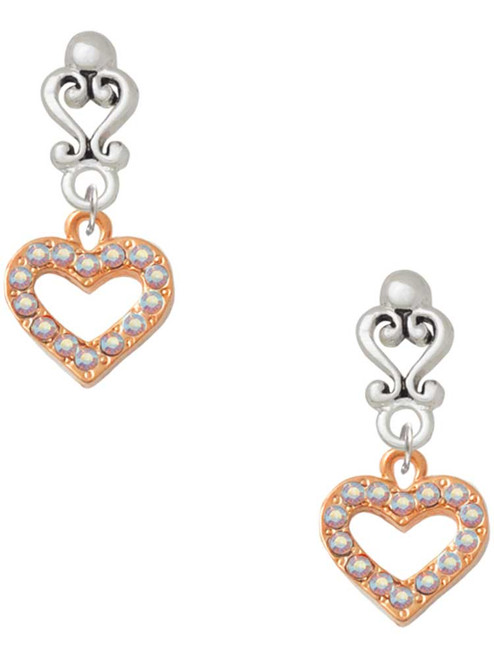 Rose Gold-tone AB Crystal Open Heart - Filigree Heart Post Earrings
