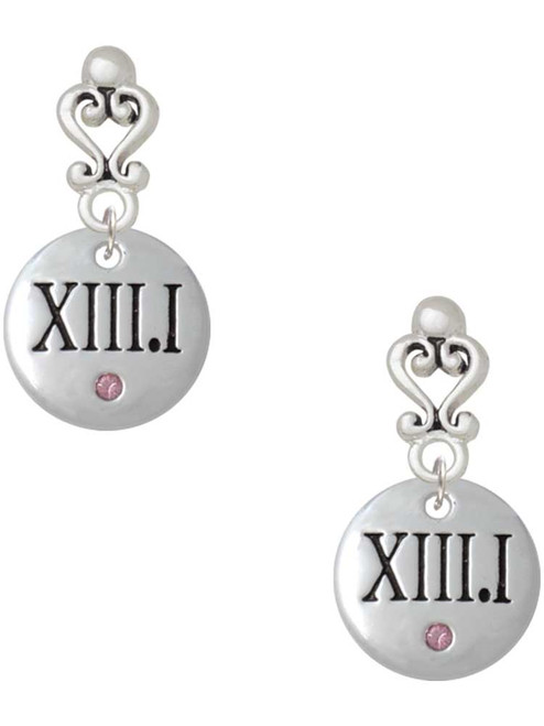 Silver Plated Half Marathon with Pink Crystal Roman Numeral - Filigree Heart Post Earrings