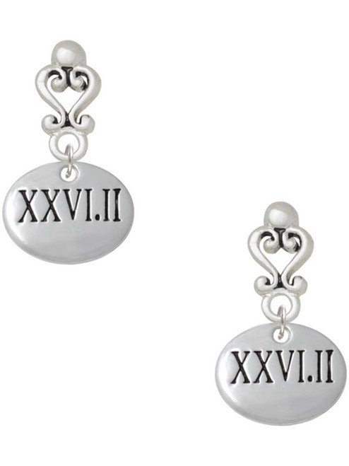 Silver Plated Marathon Roman Numeral - Filigree Heart Post Earrings