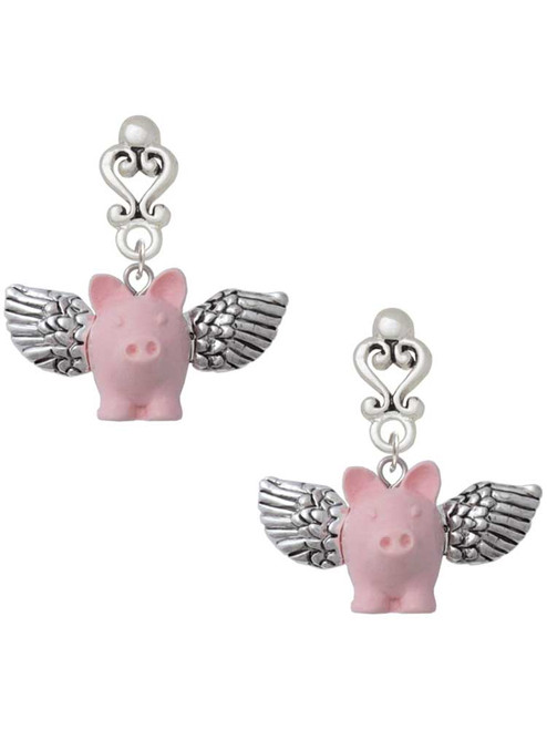 Silver Plated Pink Flying Pig with Wings - Filigree Heart Post Earrings