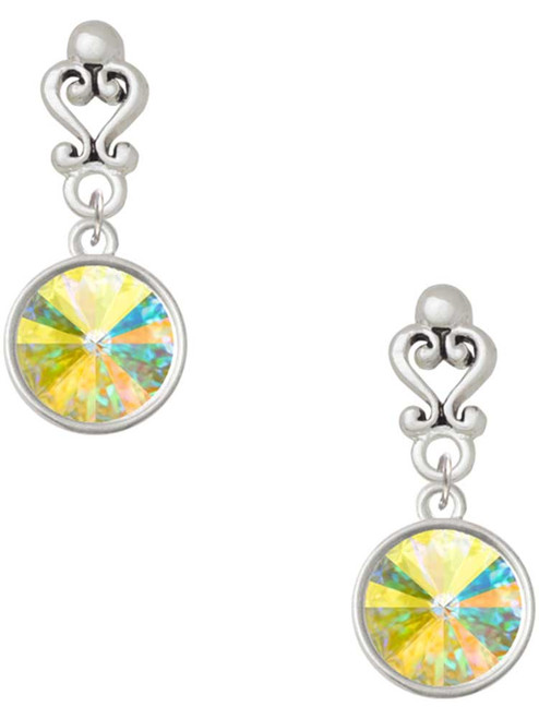 Silver Plated 12mm Crystal Rivoli - Clear AB - Filigree Heart Post Earrings