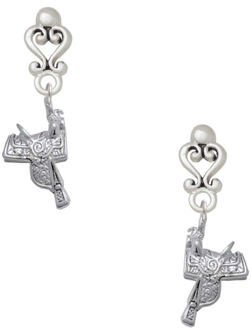 Silver Plated Western Saddle - Filigree Heart Post Earrings