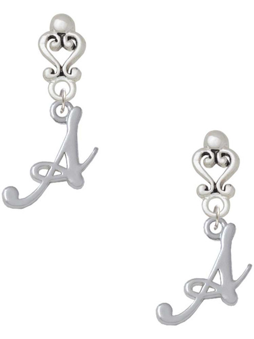 Silver Plated Small Gelato Script Initial - A - Filigree Heart Post Earrings