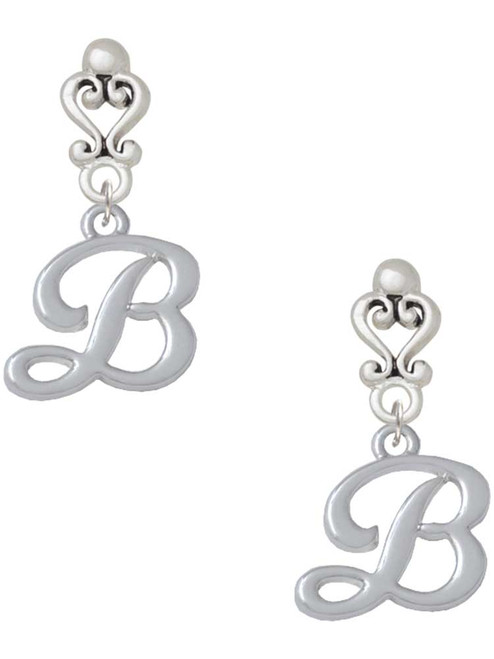 Silver Plated Small Gelato Script Initial - B - Filigree Heart Post Earrings