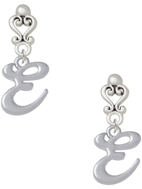 Silver Plated Small Gelato Script Initial - E - Filigree Heart Post Earrings