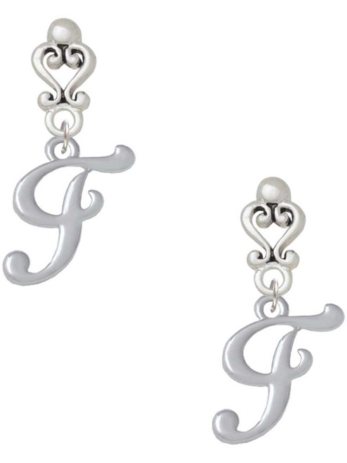 Silver Plated Small Gelato Script Initial - F - Filigree Heart Post Earrings