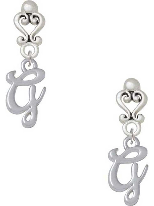 Silver Plated Small Gelato Script Initial - G - Filigree Heart Post Earrings