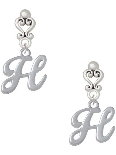 Silver Plated Small Gelato Script Initial - H - Filigree Heart Post Earrings