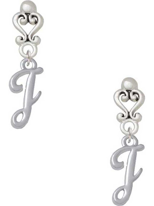 Silver Plated Small Gelato Script Initial - J - Filigree Heart Post Earrings