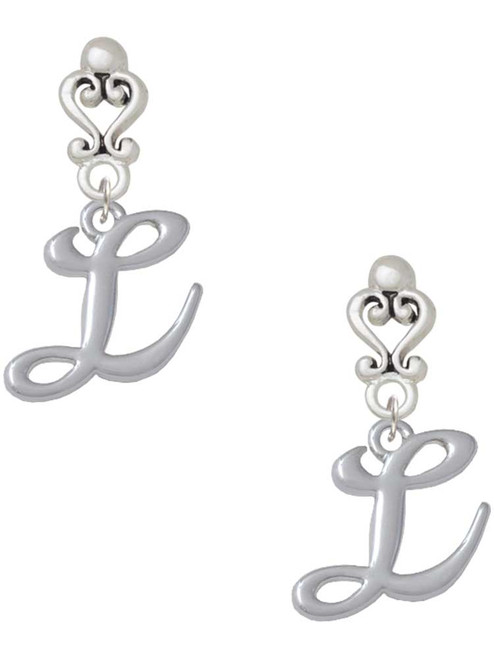 Silver Plated Small Gelato Script Initial - L - Filigree Heart Post Earrings