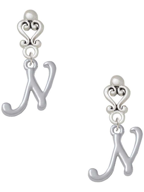 Silver Plated Small Gelato Script Initial - N - Filigree Heart Post Earrings