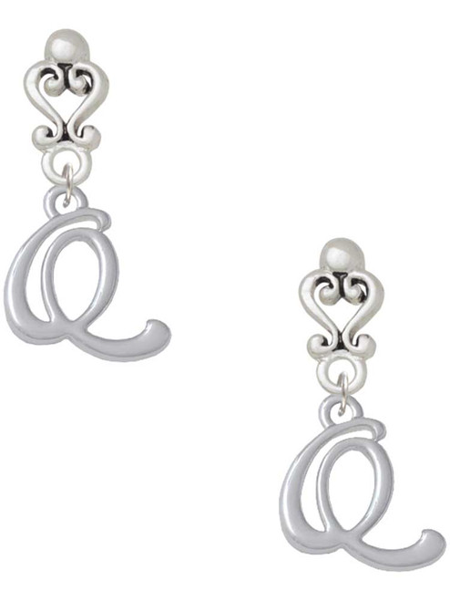 Silver Plated Small Gelato Script Initial - Q - Filigree Heart Post Earrings
