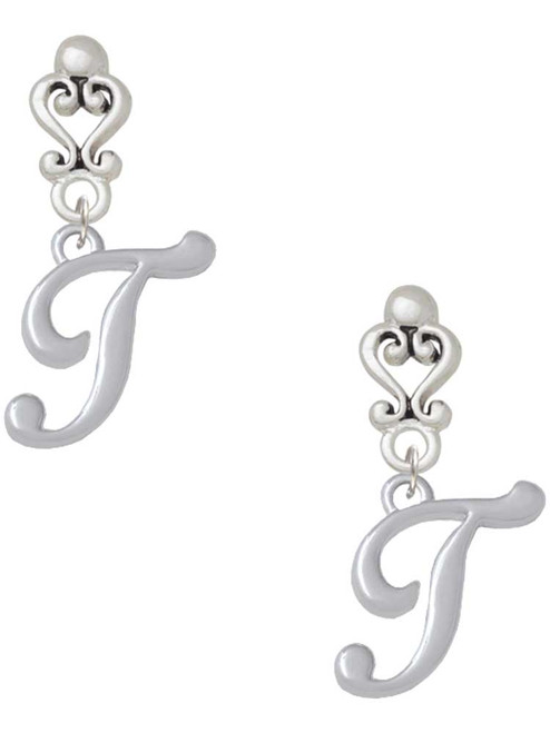 Silver Plated Small Gelato Script Initial - T - Filigree Heart Post Earrings