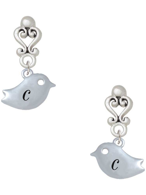 Silver Plated Little Bird Initial - C - Filigree Heart Post Earrings