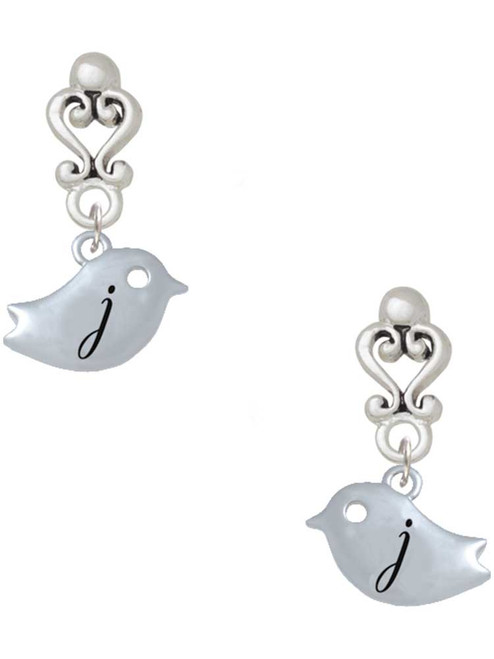 Silver Plated Little Bird Initial - J - Filigree Heart Post Earrings