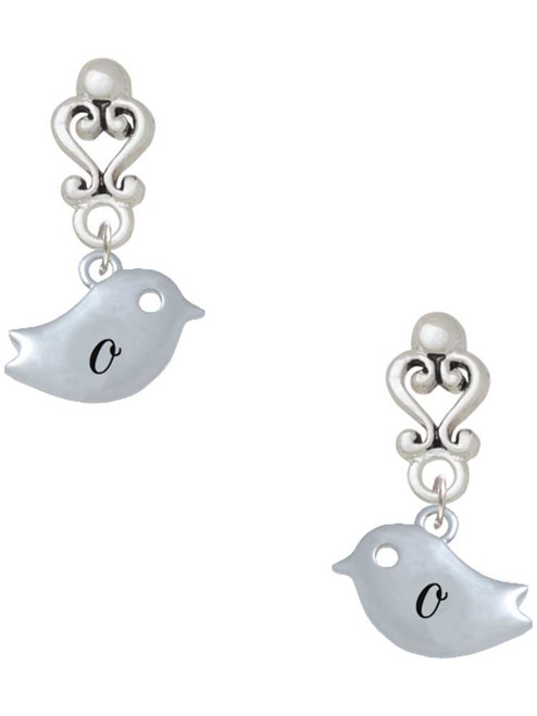 Silver Plated Little Bird Initial - O - Filigree Heart Post Earrings