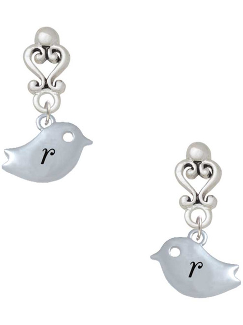 Silver Plated Little Bird Initial - R - Filigree Heart Post Earrings
