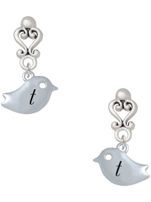 Silver Plated Little Bird Initial - T - Filigree Heart Post Earrings