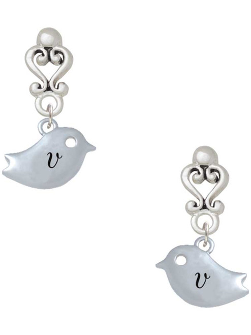 Silver Plated Little Bird Initial - V - Filigree Heart Post Earrings