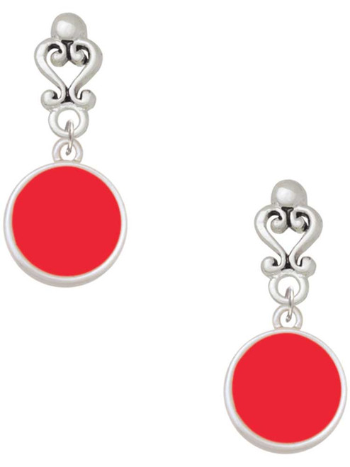 Silver Plated Small Red Enamel Disc - Filigree Heart Post Earrings