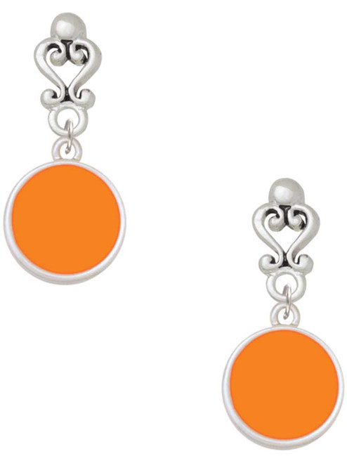 Silver Plated Small Orange Enamel Disc - Filigree Heart Post Earrings