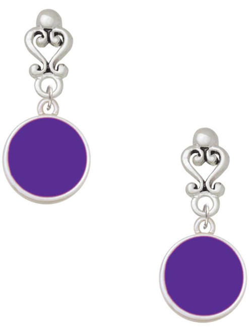 Silver Plated Small Purple Enamel Disc - Filigree Heart Post Earrings