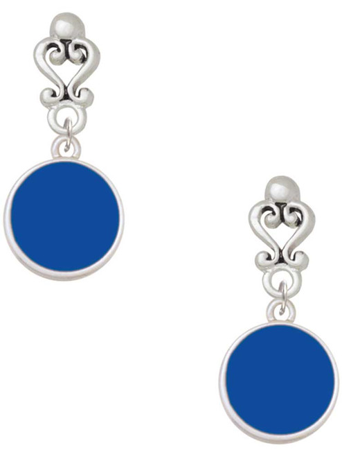 Silver Plated Small Navy Blue Enamel Disc - Filigree Heart Post Earrings