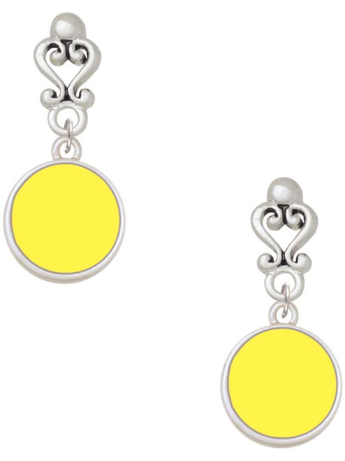 Silver Plated Small Yellow Enamel Disc - Filigree Heart Post Earrings