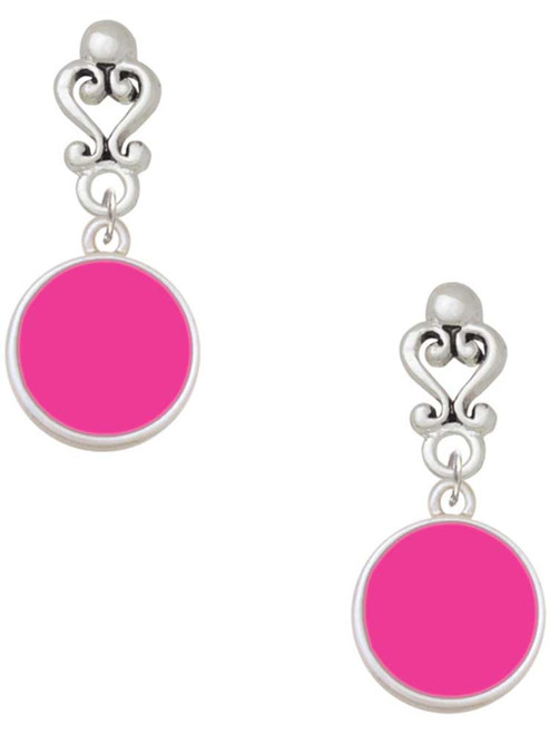 Silver Plated Small Hot Pink Enamel Disc - Filigree Heart Post Earrings