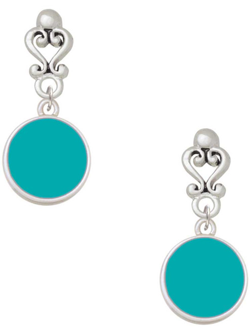 Silver Plated Small Teal Enamel Disc - Filigree Heart Post Earrings