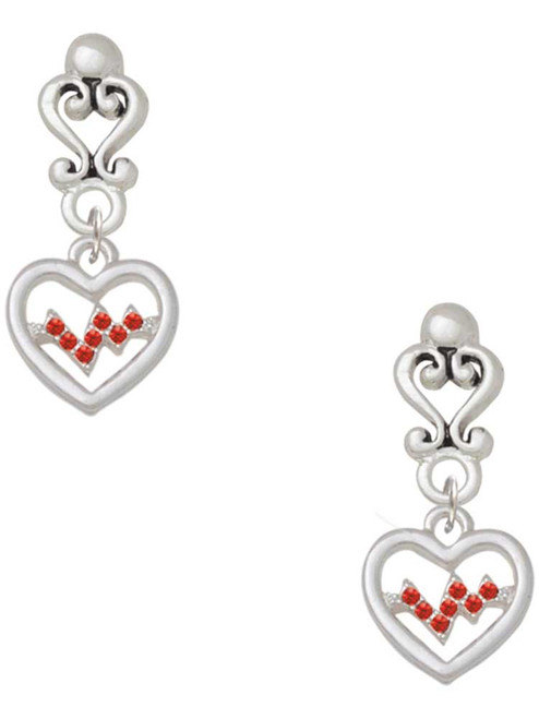 Silver Plated Heart with Red Crystal Heartbeat - Filigree Heart Post Earrings