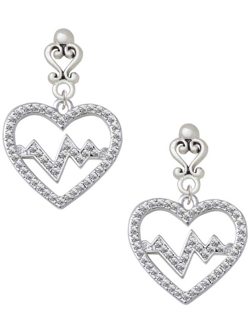 Silver Plated Large Clear Crystal Heart with Heartbeat - Filigree Heart Post Earrings