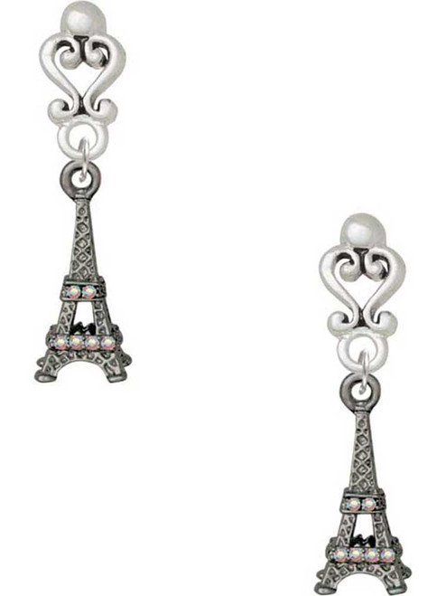 Black Nickeltone AB Crystal Eiffel Tower - Filigree Heart Post Earrings