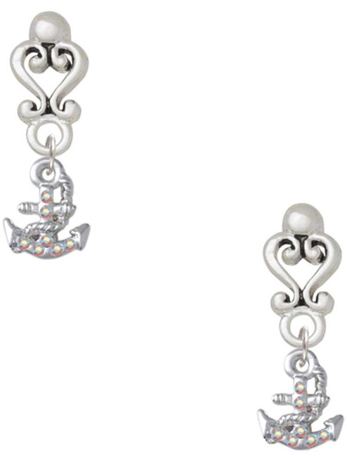 Silver Plated Mini AB Crystal Anchor of Hope - Filigree Heart Post Earrings