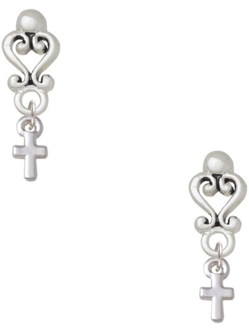 Silver Plated Super Mini Simple Cross - Filigree Heart Post Earrings