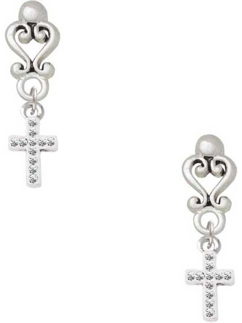 Silver Plated Small White Crystal Cross - Filigree Heart Post Earrings