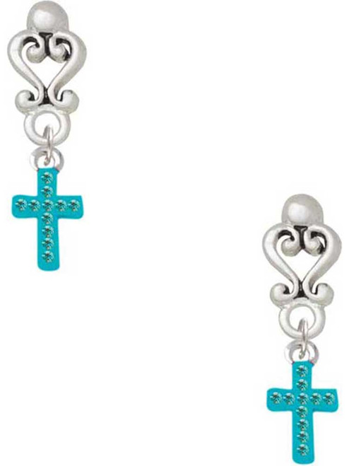 Silver Plated Small Teal Crystal Cross - Filigree Heart Post Earrings