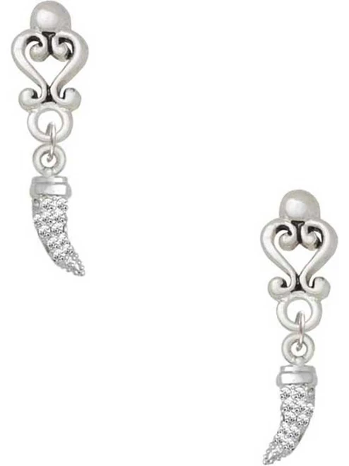Silver Plated Small Crystal Tooth - Filigree Heart Post Earrings