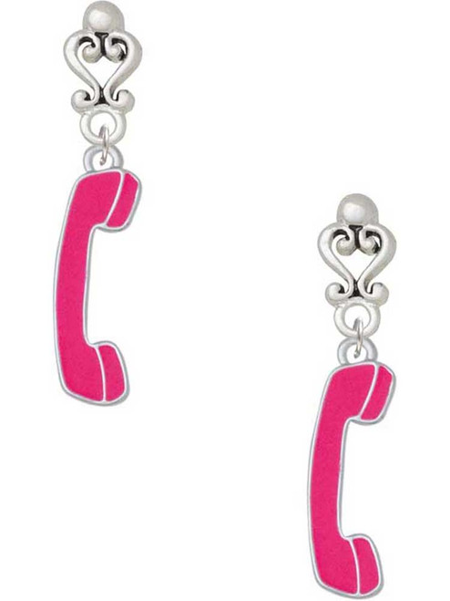 Silver Plated Hot Pink Telephone - Filigree Heart Post Earrings